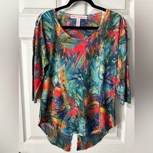 Leoma Lovegrove Shirt Size Medium Tropical Palm Trees Colorful Beach Art to Wear